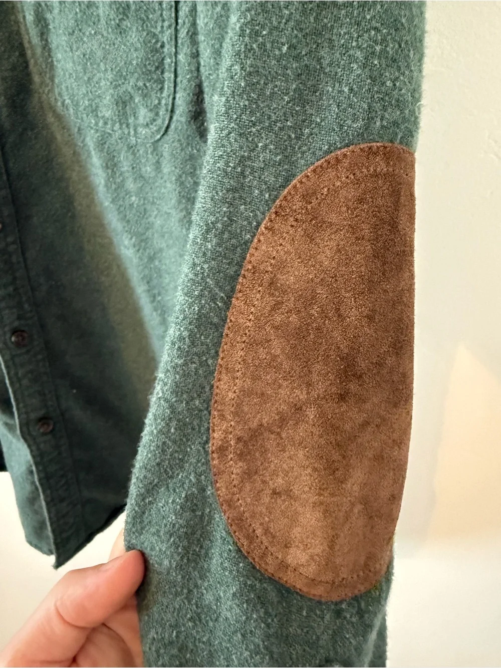 J. Crew Wool Green Button-Down Shirt with Brown Elbow Patches - Men’s S
